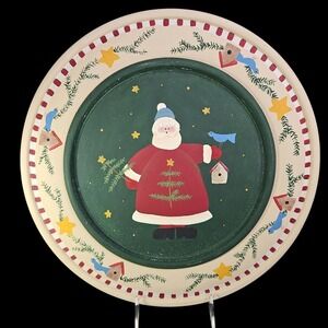 Wooden Hand Painted Santa Claus Folkart Primitive Decorative Christmas Plate